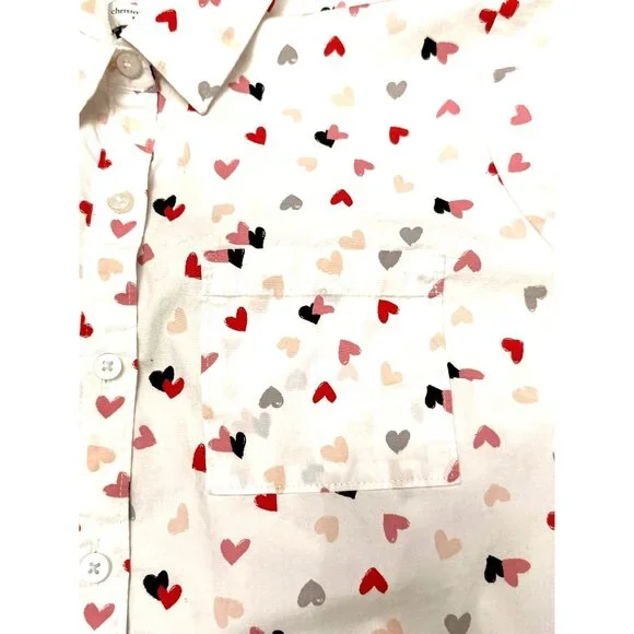 Christopher & Banks Petite Medium White Button Up Shirt Pink Red Heart Print Top - Picture 9 of 10